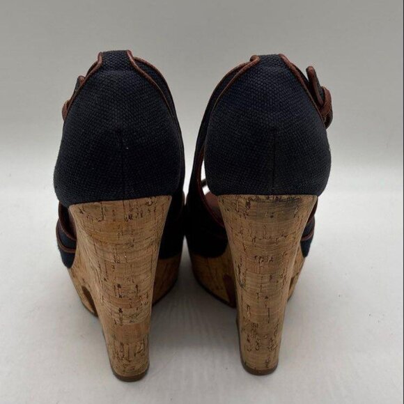 Yves Saint Laurent Navy Canvas Cork Platform Wedge Heels – Women’s Size 7 - Picture 2 of 9